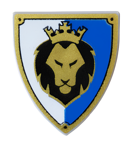 Щит Lego Minifigure, Shield Triangular with Black and Gold Lion Head with Crown on Blue and White Background Pattern 3846pb036